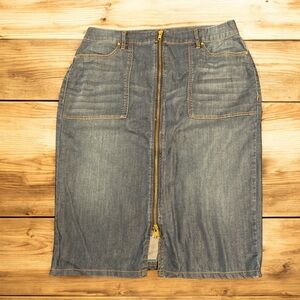 Chico’s Denim Pencil Skirt Front Zip Blue‎ Jean Midi Skirt Size 0.5